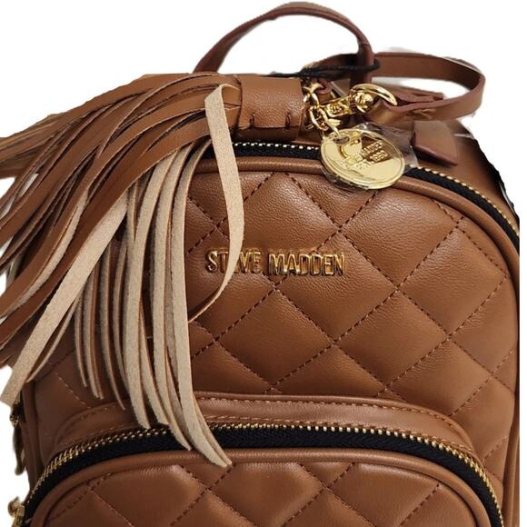 Steve Madden Cognac Faux Leather Quilted Tassel Mini Backpack - Picture 2 of 5